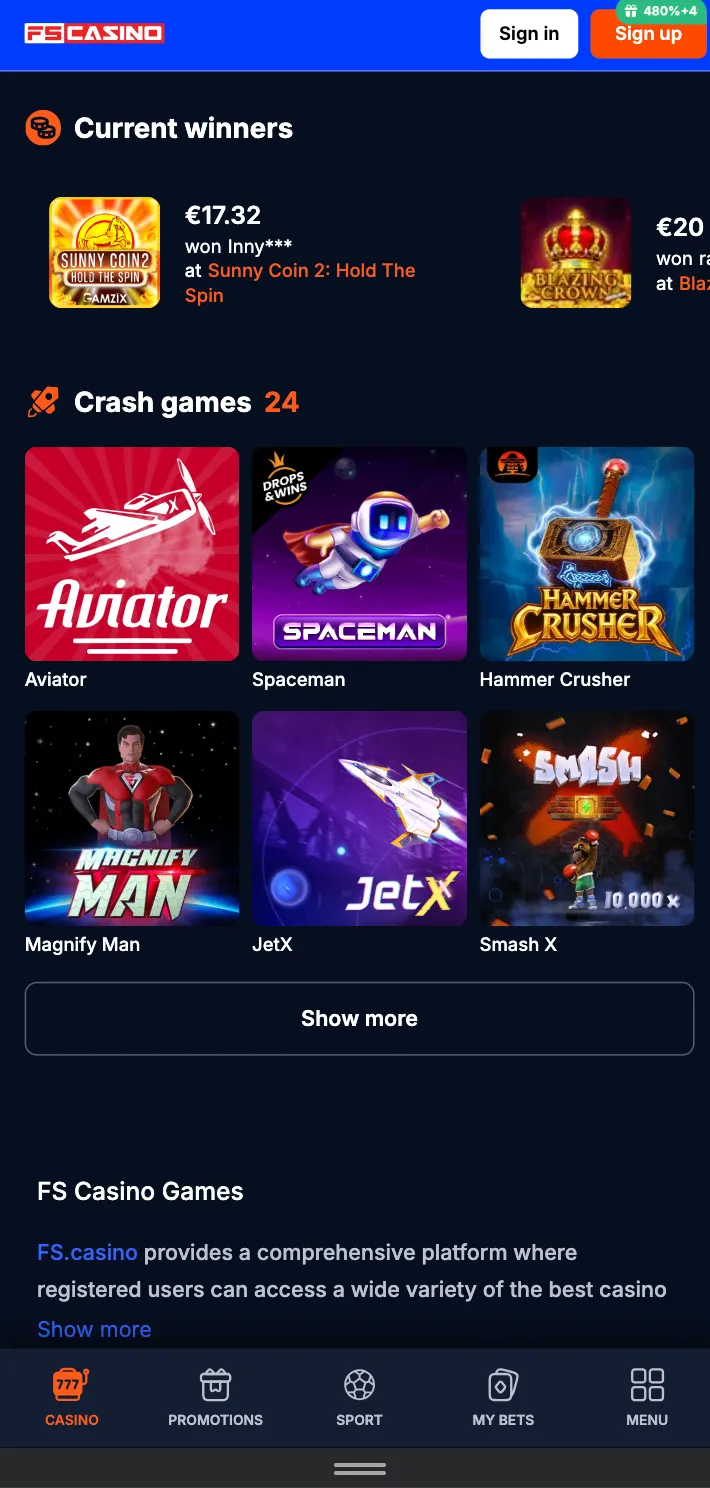 Widok wersji mobilnej serwisu FS Casino z grami typu crash