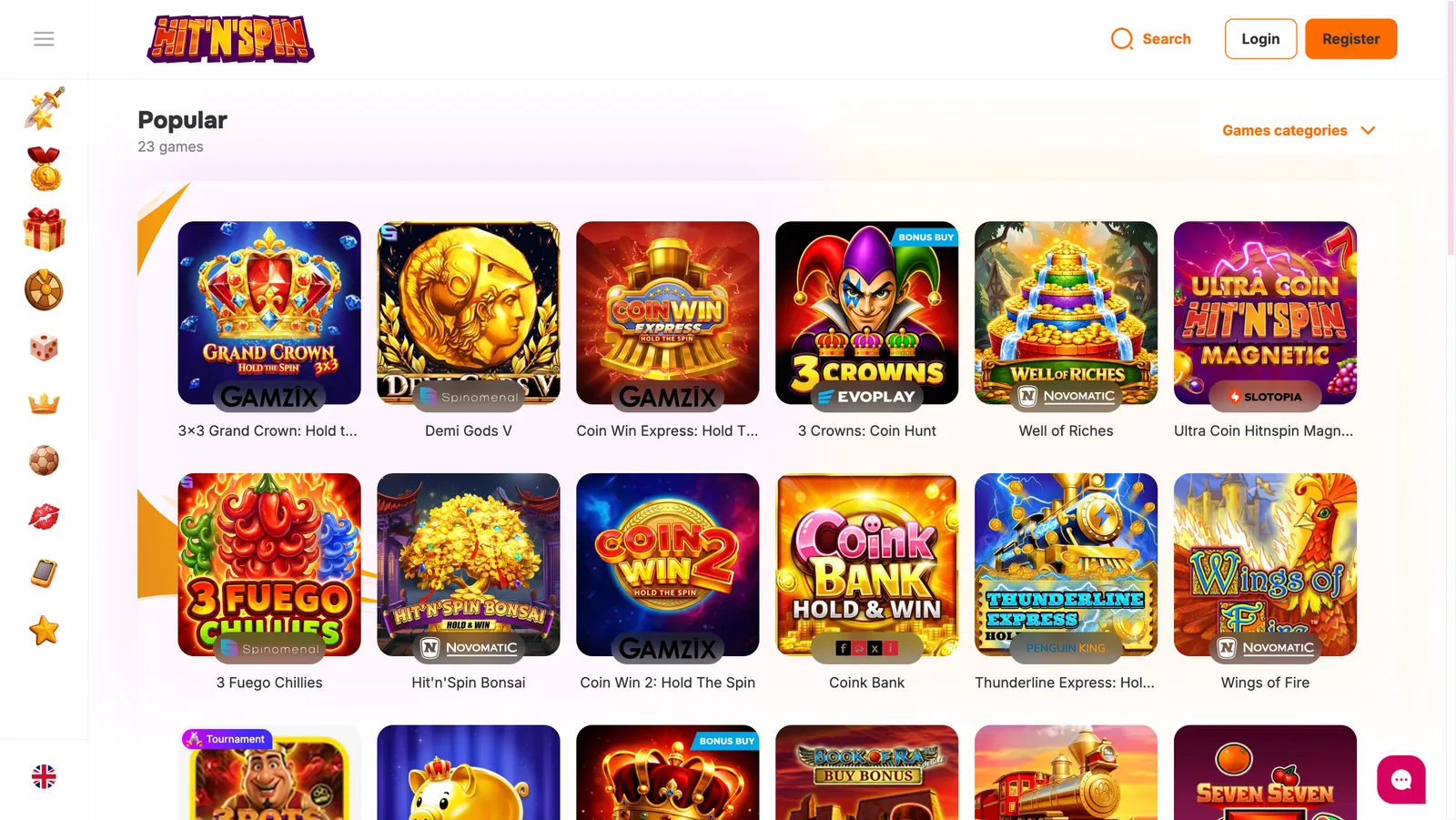 Lobby gier kasyna HitnSpin z popularnymi automatami online od licencjonowanych dostawców oprogramowania