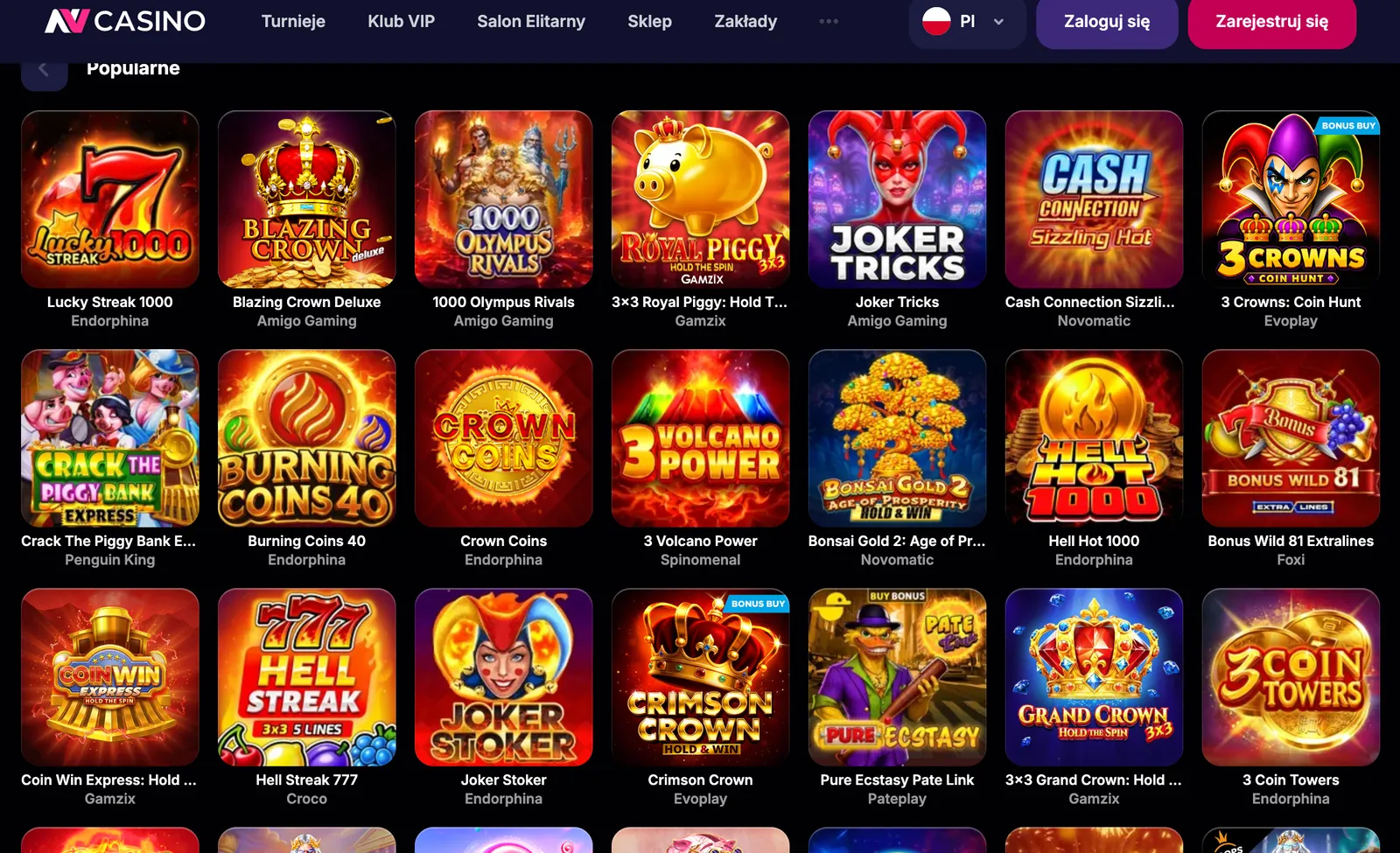 Lobby gier hazardowych i popularne automaty slotowe w kasynie internetowym NV Casino