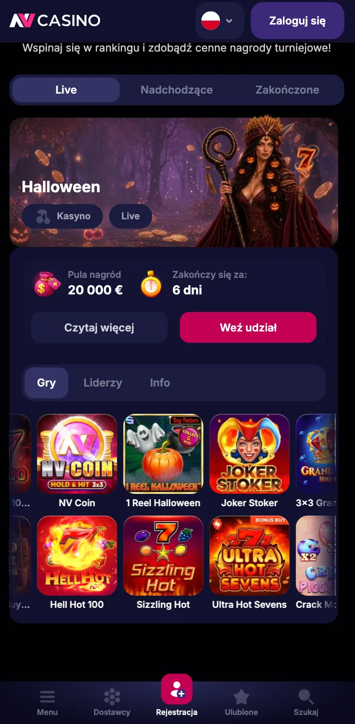 Interfejs mobilny kasyna NV Casino z turniejami na ekranie telefonu komórkowego