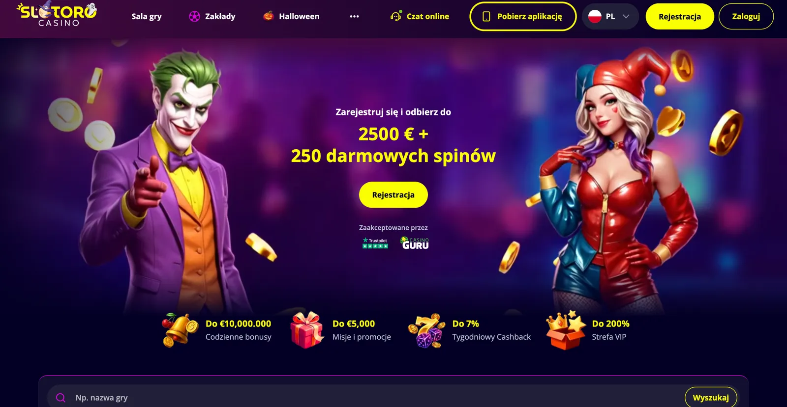 Strona główna kasyna internetowego Slotoro z banerem powitalnym oraz menu gier