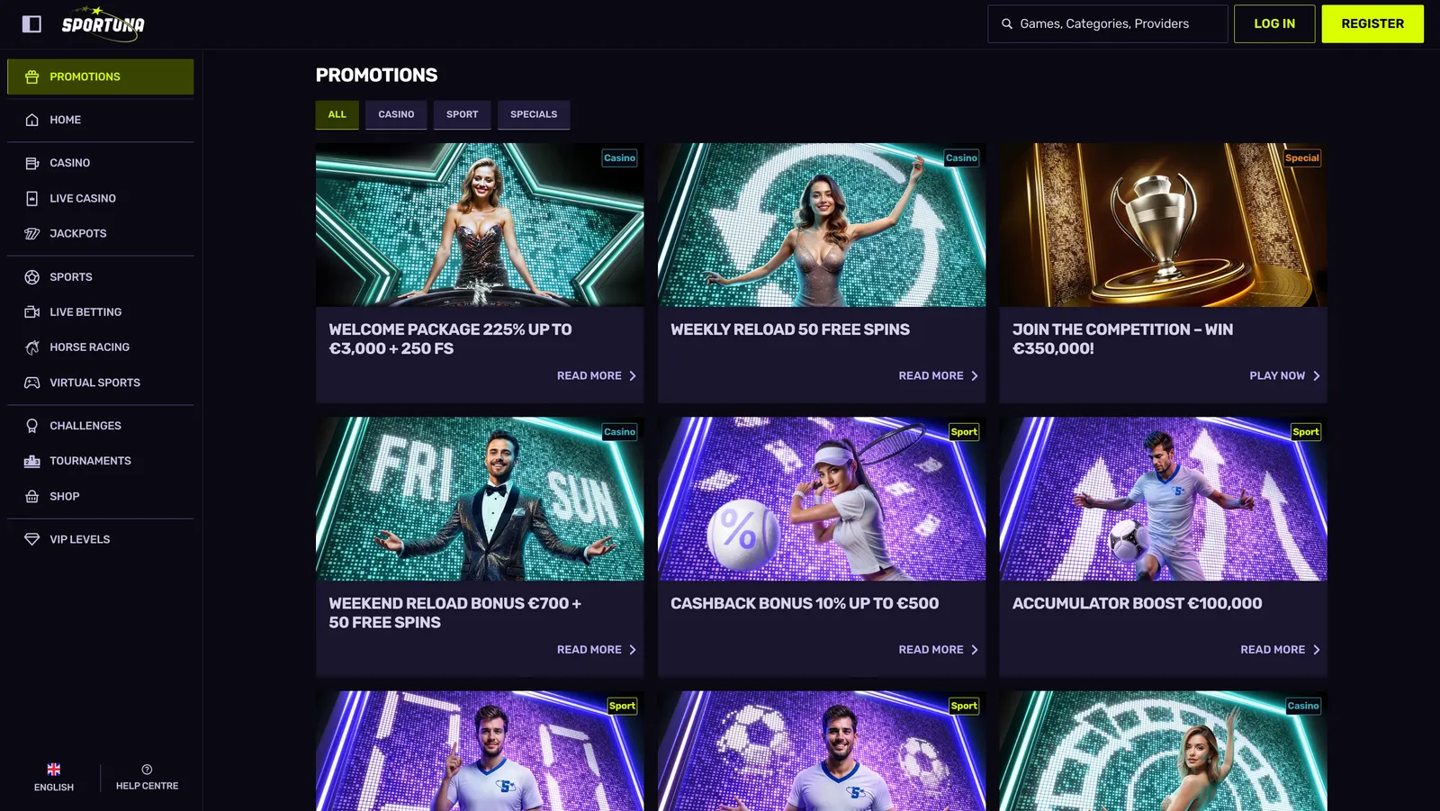 Zakładka promocji kasyna Sportuna z ofertami powitalnymi, doładowaniami i zwrotami gotówki