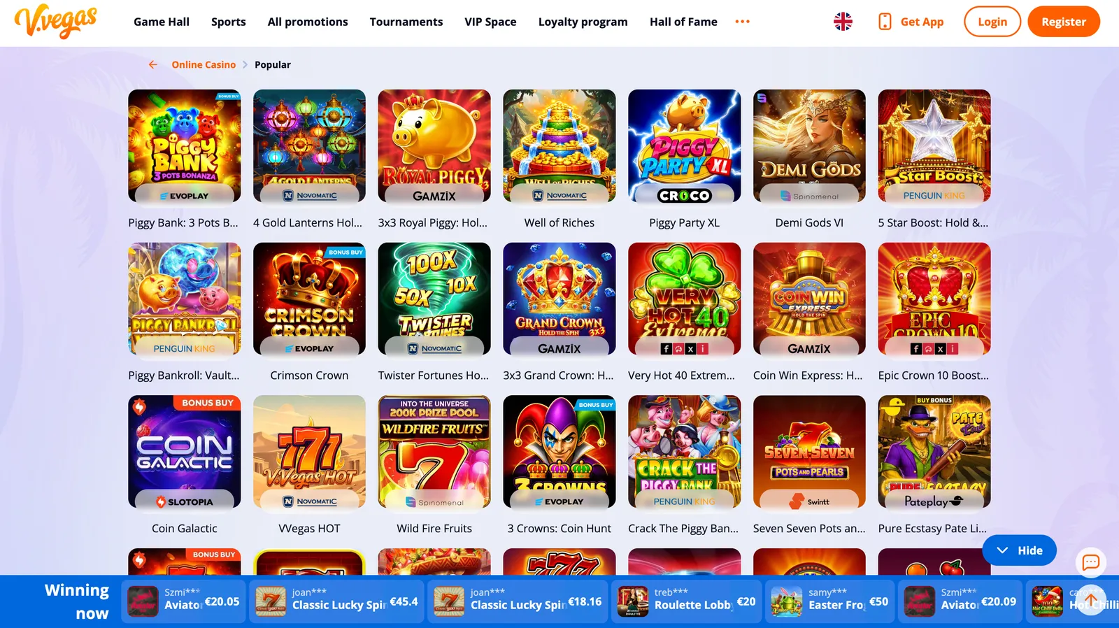 Lobby automatów online w V.Vegas z widokiem popularnych slotów i kategoriami gier