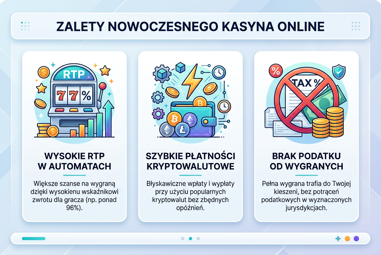 Infografika przedstawiająca zalety zagranicznych kasyn: wysoki RTP, szybkie krypto płatności i brak podatku