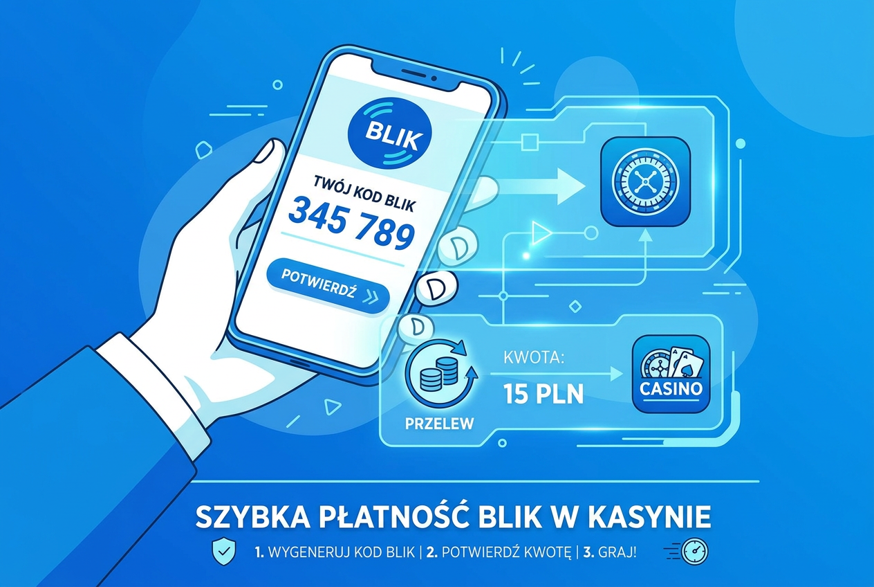 Infografika pokazująca proces wpłaty depozytu BLIK o wartości 15 PLN do kasyna internetowego