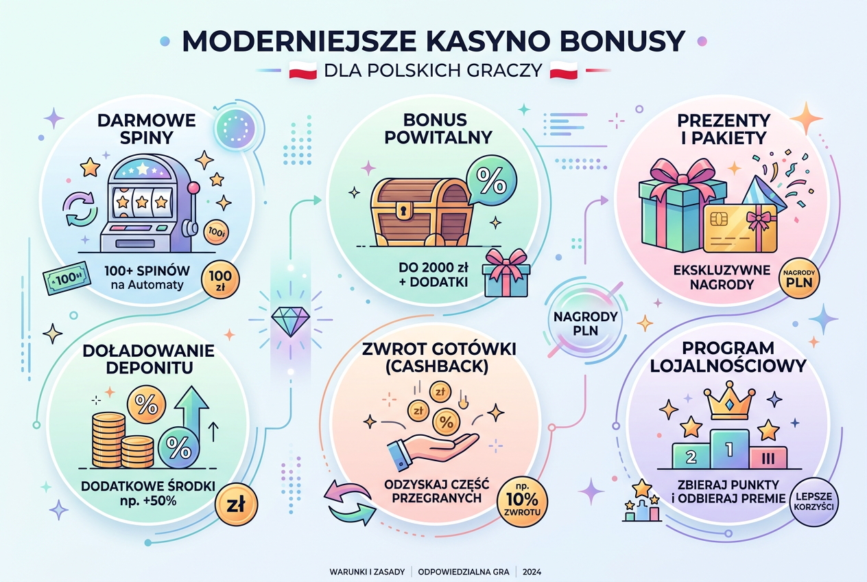 Infografika przedstawiająca bonusy kasynowe przy wpłacie 20 PLN