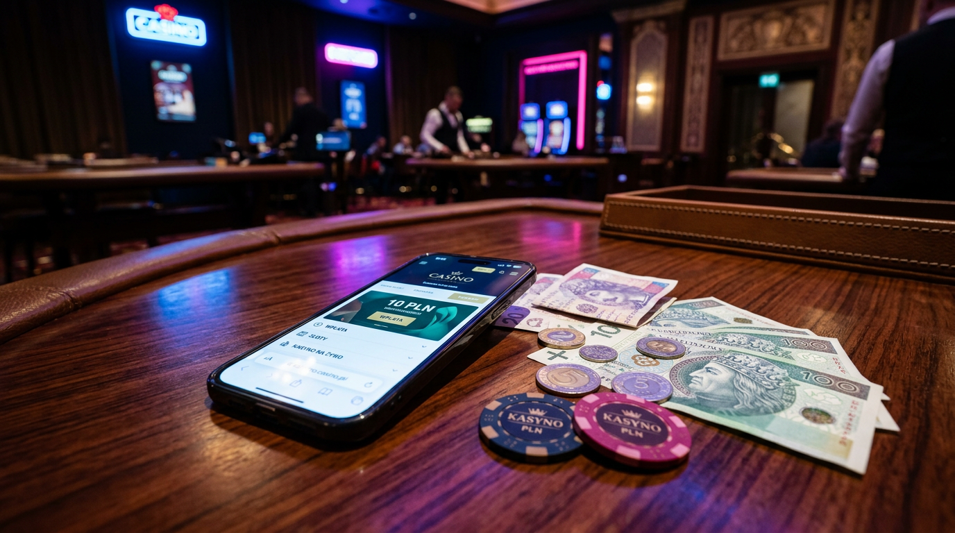 Smartfon z aplikacją kasynową i banknoty 10 zł na stole w kasynie