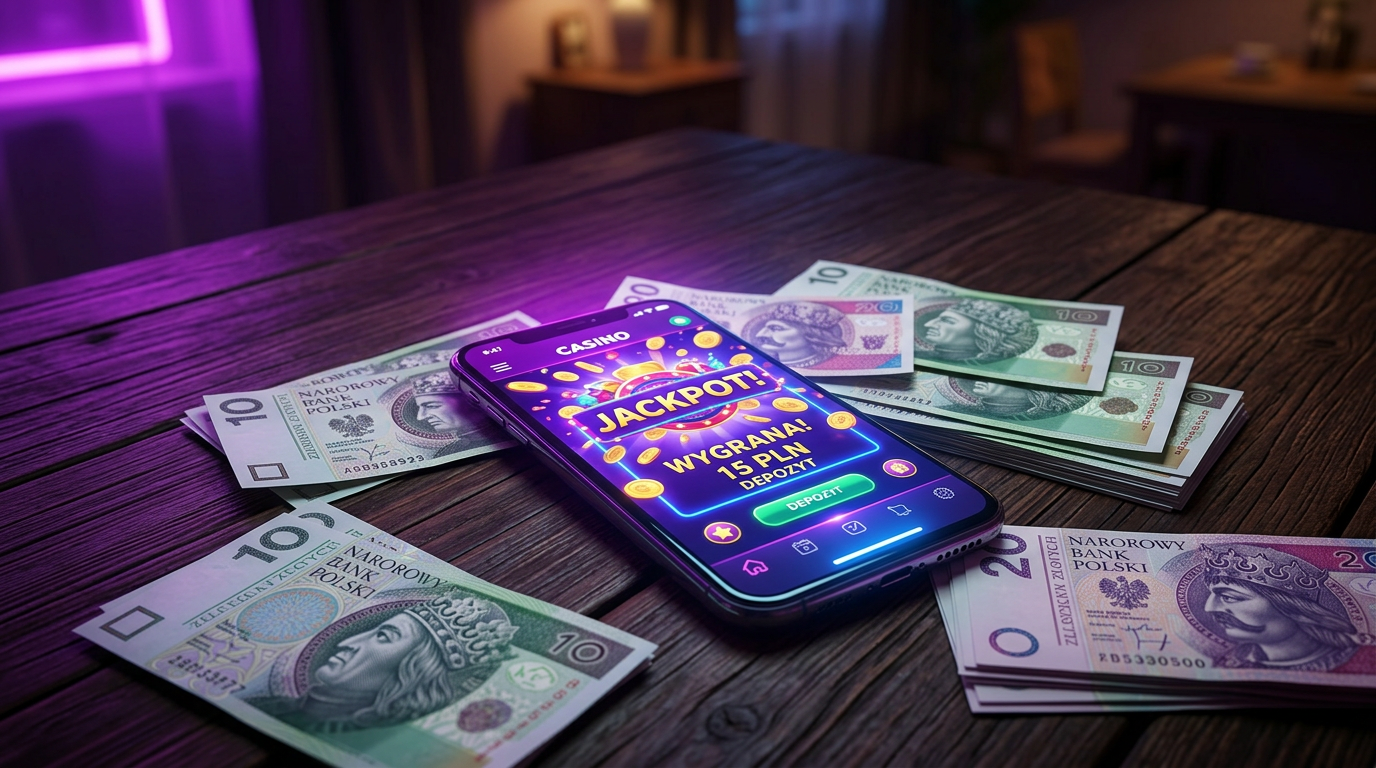 Smartfon z aplikacją kasynową i polskie banknoty PLN