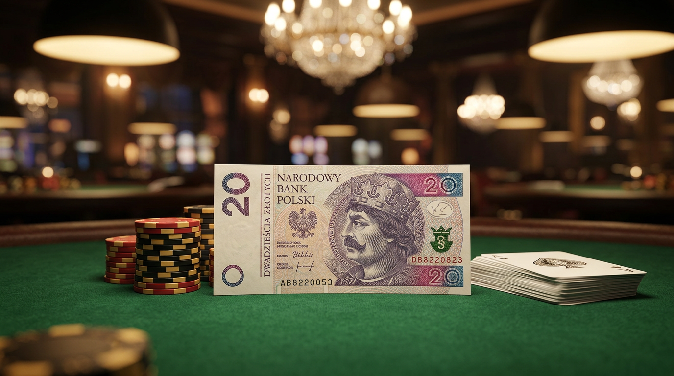 Kasyno depozyt 20 zł w Polsce - banknot 20 PLN na stole kasynowym