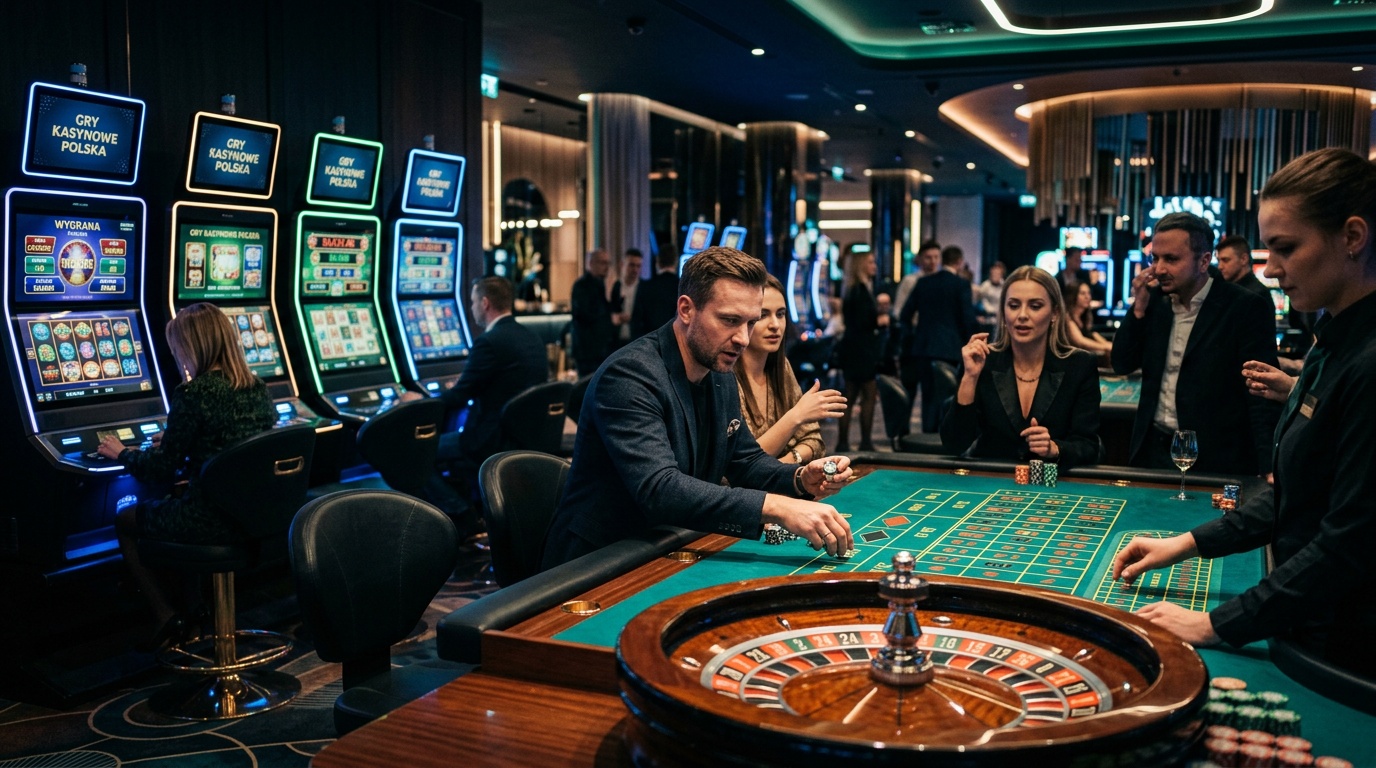 Nowoczesne wnętrze kasyna online z automatami i grami stołowymi