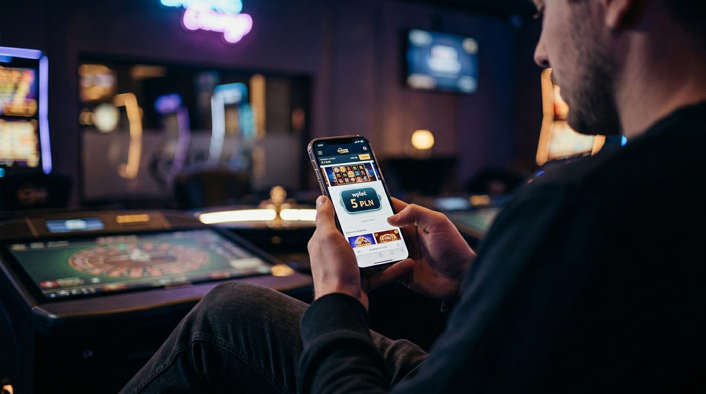 Smartfon wyświetlający interfejs kasyna z opcją depozytu 5 PLN na tle neonowego salonu gier