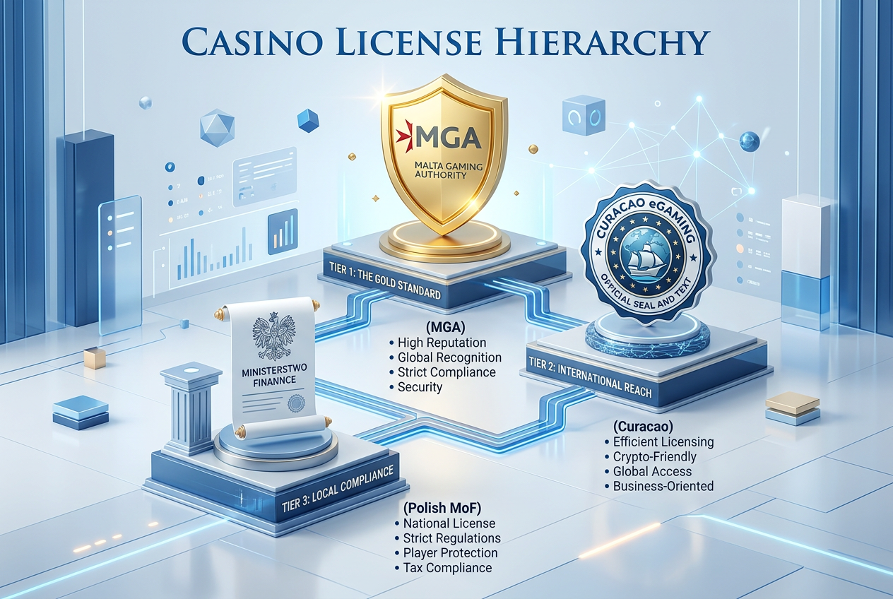 Infografika hierarchii licencji hazardowych 2026: MGA, Curacao, Ministerstwo Finansów