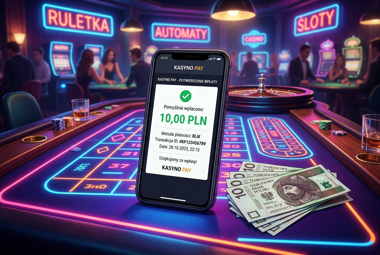 Niski depozyt w polskim kasynie wyświetlony na telefonie obok banknotu 10 zł