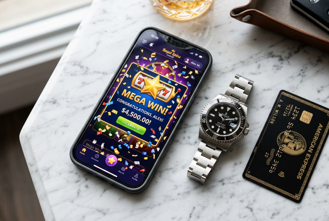 Nowoczesny smartfon z otwartą aplikacją kasyna i powiadomieniem o przyznanym bonusie na eleganckim marmurowym blacie