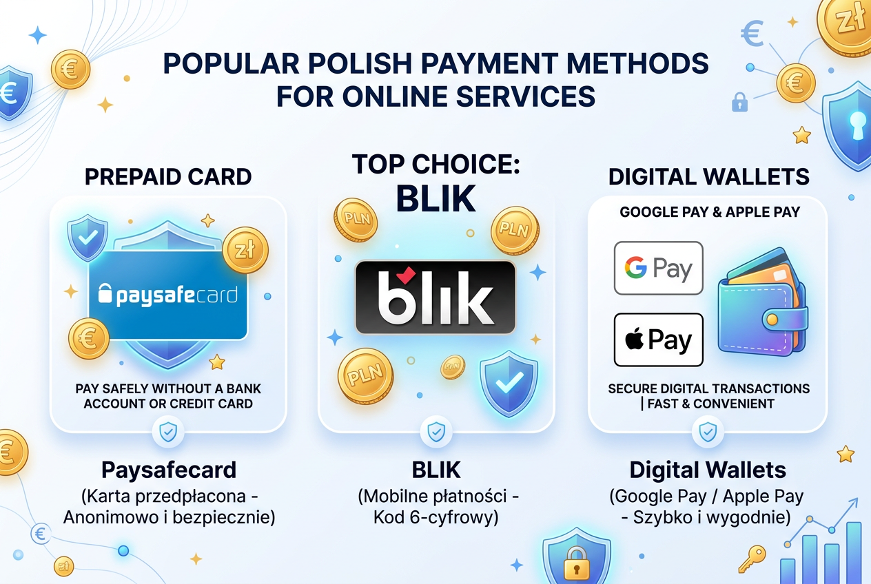 Różne metody płatności online w tym BLIK na ekranie telefonu