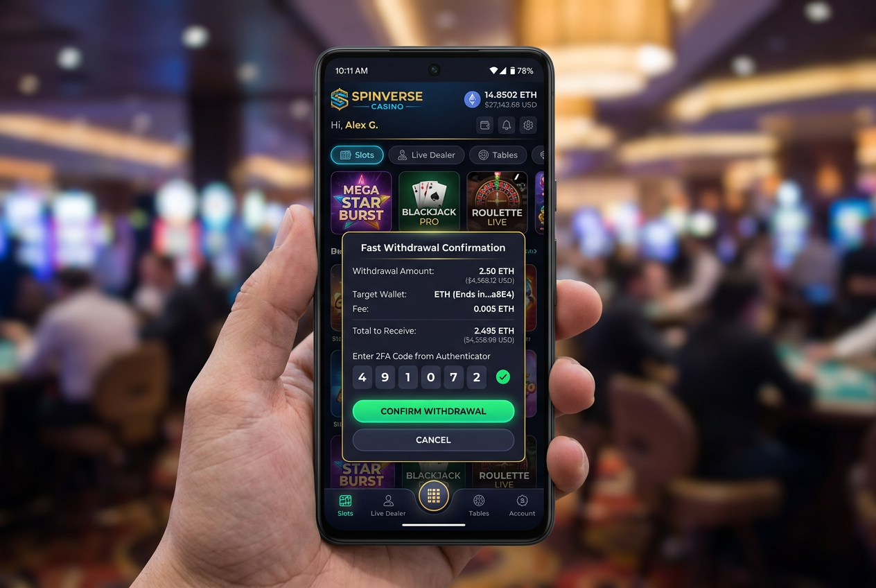 Mockup interfejsu Yep! Casino na smartfonie z potwierdzeniem szybkiej wypłaty kryptowalut