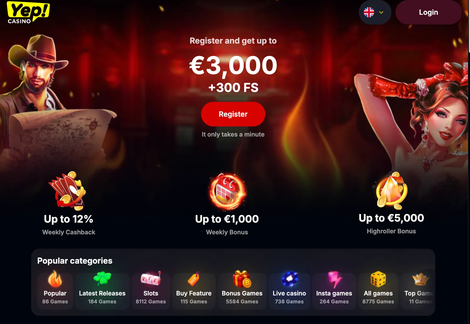 Strona główna serwisu Yep! Casino z banerem powitalnym oraz katalogiem popularnych gier hazardowych